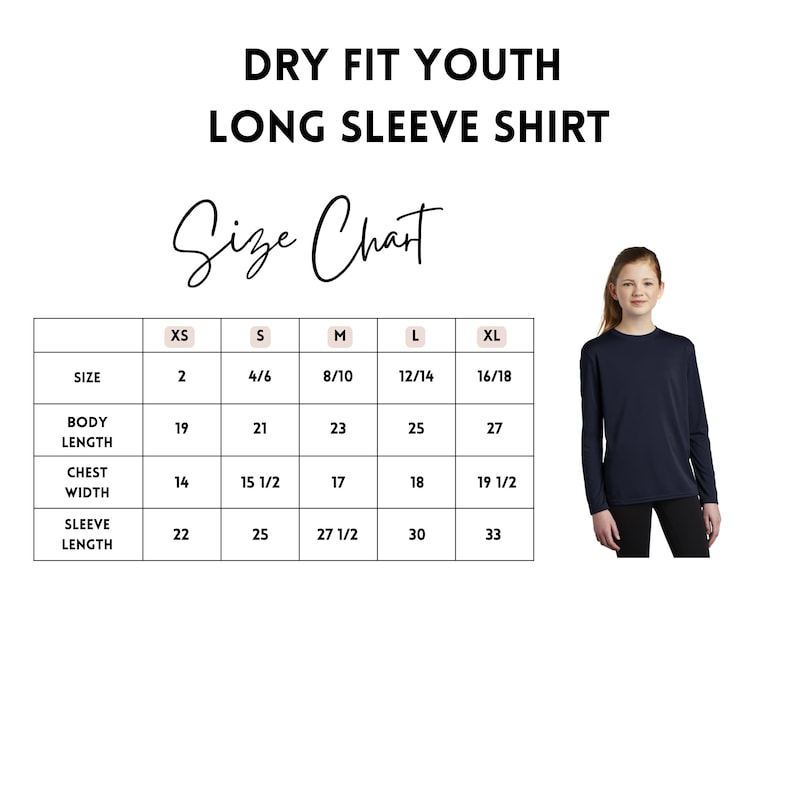 The image is a size chart for a long sleeve shirt, featuring a young girl standing next to a table with the chart.