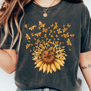 Sunflower Butterfly Shirt, Butterfly Tee, Mothers Day Gift Shirt, Sunflower Shirt, Floral V-neck, Flowers Gift T-shirt, Botanical Tee,Flower