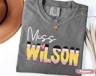 Custom Name Teacher Shirt: First Day of School, Personalized Pencil Design