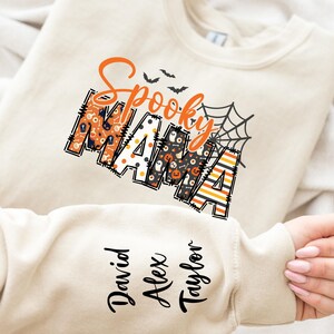 Custom Halloween Spooky Mama Sweatshirt with Kids Name on Sleeve Sweatshirt, Cool Mama Halloween Sweatshirt, Mama Halloween Gift,Custom Mama