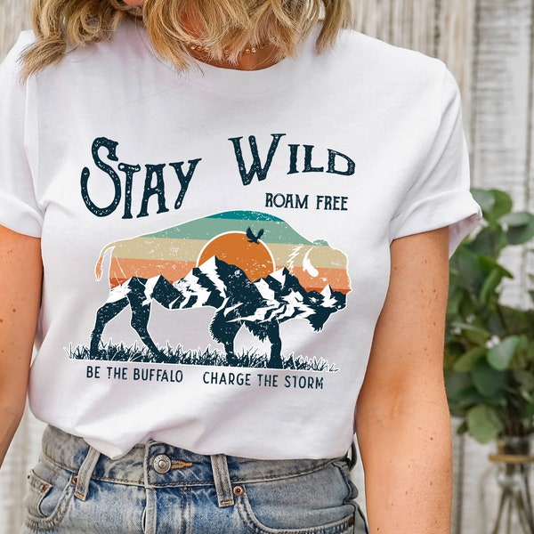 Stay Wild Buffalo Apparel, Retro Bison Outfit, Wild Animals Clothes, Western Shirt, Cool Mountain T-Shirt, Charge The Storm Clothing
