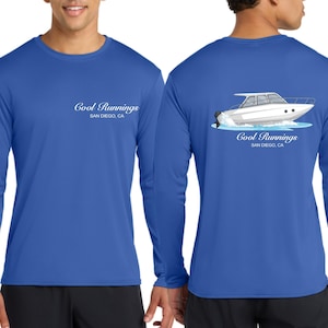 May include: Royal blue long-sleeve shirt with the text "Cool Runnings SAN DIEGO, CA" on the front and a graphic of a white boat on the back. The shirt is made of a lightweight material.