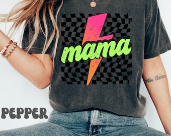 Neon Mama T-Shirt: Retro Checkered Lightning Bolt Mom Tee