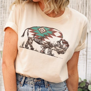 Buffalo Aztek Shirt, Buffalo SW Short Sleeve Bella Canvas Tee, Buffalo Aztec Design Shirt, Vintage Shirt, Western Shirt
