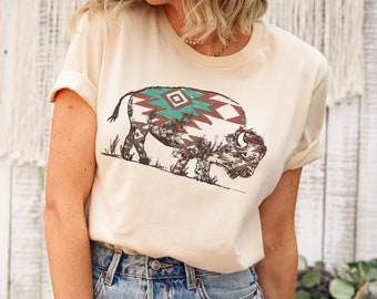 Buffalo Aztek Shirt, Buffalo SW Short Sleeve Bella Canvas Tee, Buffalo Aztec Design Shirt, Vintage Shirt, Western Shirt