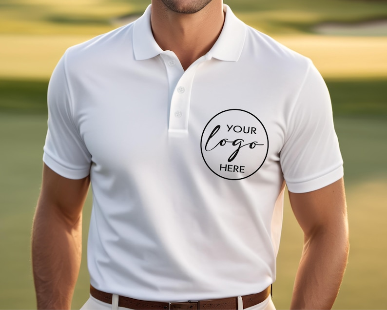 May include: White polo shirt with a collar and short sleeves. The shirt features a three-button placket and a circular logo design on the chest that says "YOUR logo HERE" in black. The model is wearing a brown belt.