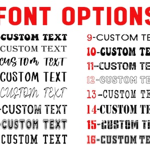 Puede incluir: Imagen que muestra 16 opciones de fuentes para texto personalizado. El t&iacute;tulo "FONT OPTIONS" est&aacute; en rojo. Cada fuente est&aacute; numerada y muestra "CUSTOM TEXT" en varios dise&ntilde;os, desde cl&aacute;sicos hasta decorativos.
