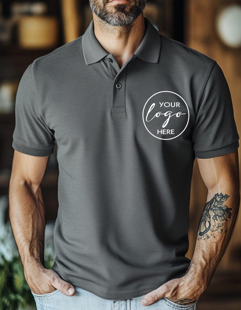 May include: A dark grey polo shirt with a three-button placket and short sleeves. The shirt has a white circular logo that says "YOUR logo HERE". The shirt is made of a soft, breathable fabric.