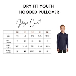 The image is a size chart for a dry fit youth hooded pullover, showing the measurements for different sizes and corresponding sleeves.