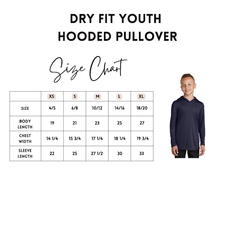 The image is a size chart for a dry fit youth hooded pullover, showing the measurements for different sizes and corresponding sleeves.