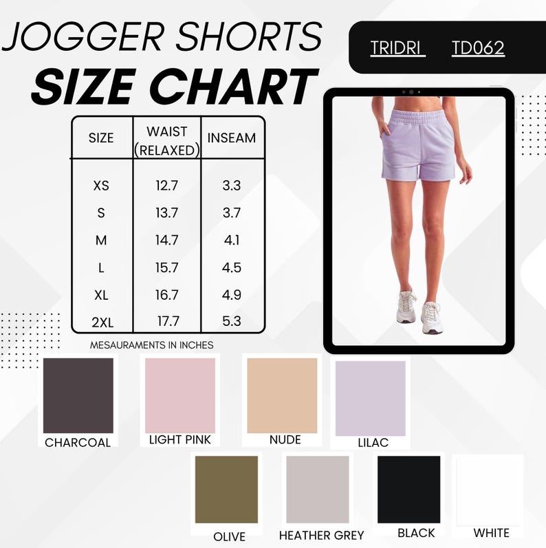 May include: Image of jogger shorts with a size chart. The chart lists sizes XS to 2XL, with waist measurements from 12.7 to 17.7 inches and inseam measurements from 3.3 to 5.3 inches. Color options include charcoal, light pink, nude, lilac, olive, heather grey, black, and white.