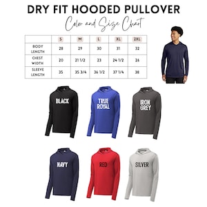 The image is a color and size chart for a dry fit hooded pullover, featuring various color options and corresponding sizes. There are three pullover styles displayed, each with a different color and size listed below. The chart also includes a photo of a person wearing the pullover in the top right corner.