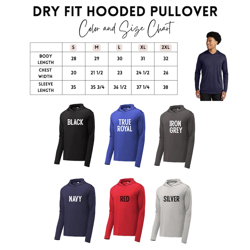 The image is a color and size chart for a dry fit hooded pullover, featuring various color options and corresponding sizes. There are three pullover styles displayed, each with a different color and size listed below. The chart also includes a photo of a person wearing the pullover in the top right corner.