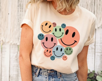 Smiley Faces Shirt Gift For Positivity, Happy Face Aesthetic Gift, Good Vibes Shirt, Think Positive Clothing, Retro Smiley Face T-Shirt