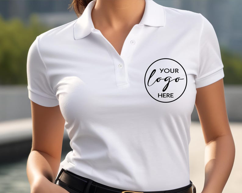 May include: White polo shirt with short sleeves and a collar. The shirt has a black circle with the text "YOUR logo HERE" printed on the chest. The shirt features a button-down placket and is made of a smooth fabric.