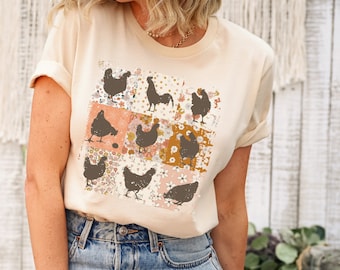 Boho Chickens Shirt, Retro Farmhouse Floral Backyard Chicken Tee, Cottagecore Aesthetic Clothing, Chicken Gift for Her