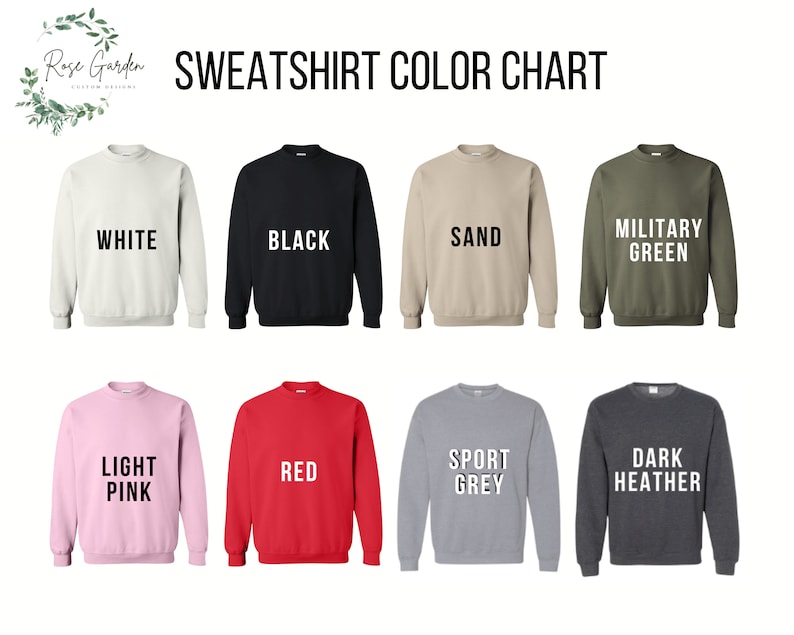 Pode incluir: Carta de cores que mostra dez cores diferentes de sweatshirts. As cores s&atilde;o branco, preto, areia, verde militar, rosa claro, vermelho, cinza esportivo, cinza escuro mesclado, azul marinho e azul-petr&oacute;leo.