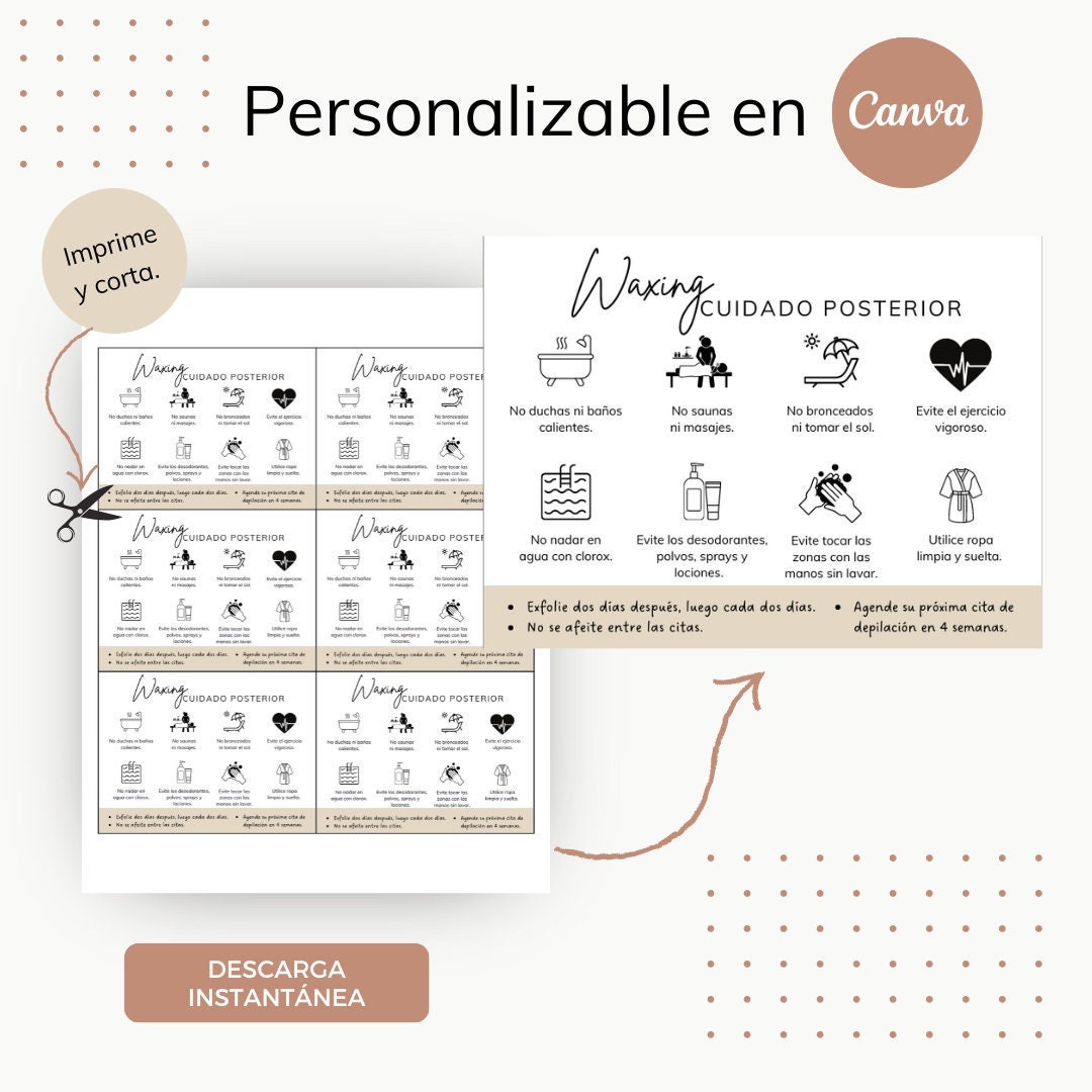 Waxing Care Card Template, Spanish Template, Editable Aftercare Card