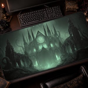 May include: A rectangular desk mat featuring a dark, monochromatic green illustration of a gothic cathedral with a large rose window, surrounded by twisted, tentacle-like structures and overgrown ruins, set against a dark, atmospheric background.
