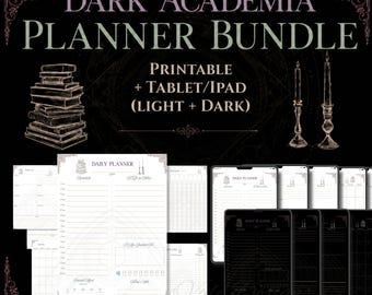 May include: A digital planner bundle featuring light and dark themes with text reading DARK ACADEMIA PLANNER BUNDLE, PRINTABLE + TABLET/IPAD (LIGHT + DARK). The design includes illustrations of a stack of books and two lit candles on candlesticks.