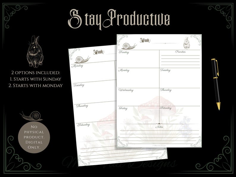 Dark Cottagecore Weekly Planner PDF (Sunday + Monday Start) | Printable + iPad Template | A4 A5 US Letter Happy Planner | GoodNotes Xodo image 2