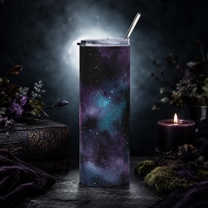 Mörk himmelsk galax-mugg, häxig stjärnklar natt smal mugg, kosmisk resemugg, stämningsfull rymdkaffekopp present