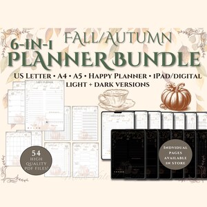 Op de afbeelding: Een digitale plannerbundel met een herfstthema. De afbeelding toont verschillende plannerpagina's, waaronder dagelijkse en wekelijkse lay-outs, en digitale tablet-mockups. Tekst bevat "6-IN-1 FALL/AUTUMN PLANNER BUNDLE" en "US LETTER A4 A5 HAPPY PLANNER IPAD/DIGITAL".