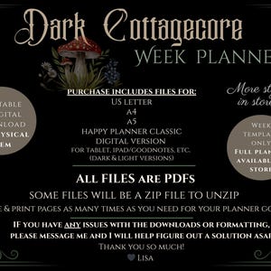 Dark Cottagecore Weekly Planner PDF (Sunday + Monday Start) | Printable + iPad Template | A4 A5 US Letter Happy Planner | GoodNotes Xodo image 4