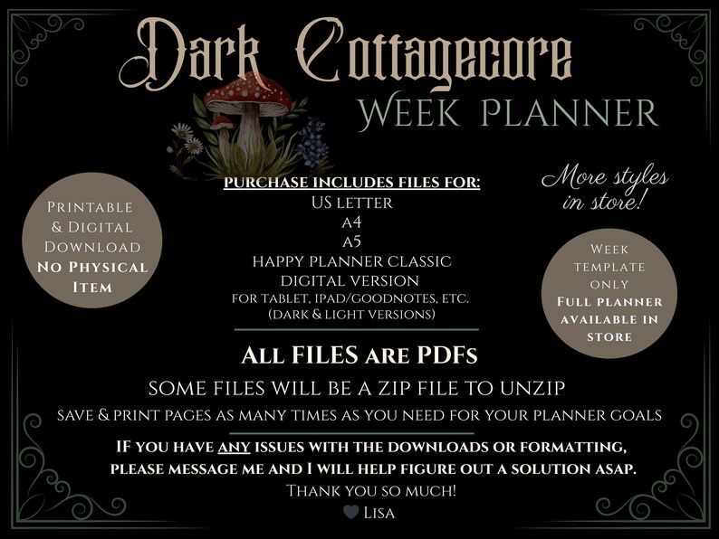 Dark Cottagecore Weekly Planner PDF (Sunday + Monday Start) | Printable + iPad Template | A4 A5 US Letter Happy Planner | GoodNotes Xodo image 4