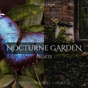 May include: Image featuring a blue and purple butterfly with intricate wing patterns, set against a backdrop of green leaves and a brick wall. Text overlay reads "NOCTURNE GARDEN" and "PRESETS", with "LIGHTROOM MOBILE + DESKTOP" below.