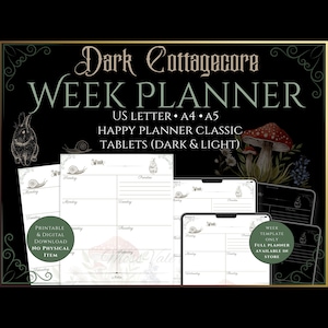 Dark Cottagecore Weekly Planner PDF (Sunday + Monday Start) | Printable + iPad Template | A4 A5 US Letter Happy Planner | GoodNotes Xodo image 1