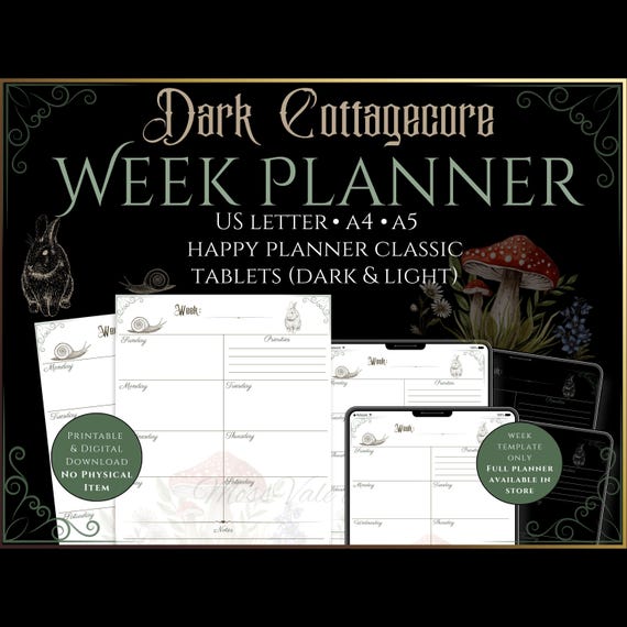 Dark Cottagecore Weekly Planner PDF (Sunday + Monday Start) | Printable + iPad Template | A4 A5 US Letter Happy Planner | GoodNotes Xodo