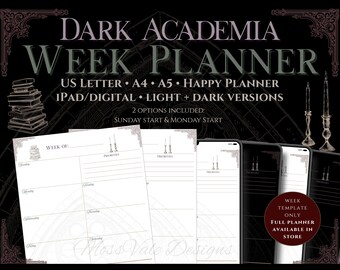 Dark Academia Weekly Planner PDF (Sunday + Monday Start) | Printable + iPad Template | A4 A5 US Letter Happy Planner | GoodNotes Tablet