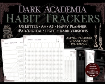 Dark Academia Habit Tracker PDF (2 Layouts) | Printable & iPad Template | A4 A5 US Letter Happy Planner | GoodNotes Tablet