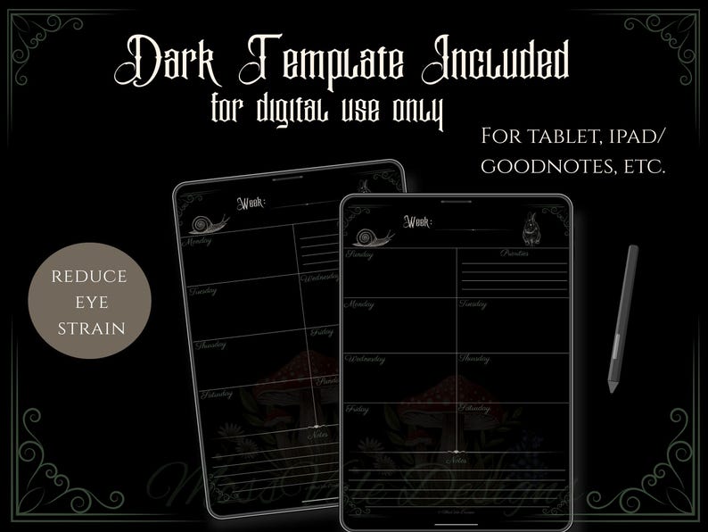 Dark Cottagecore Weekly Planner PDF (Sunday + Monday Start) | Printable + iPad Template | A4 A5 US Letter Happy Planner | GoodNotes Xodo image 3
