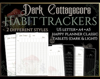 Dark Cottagecore Habit Tracker PDF – 2 Layout Styles (Undated) | Printable + iPad Template | A4 A5 US Letter Happy Planner | GoodNotes