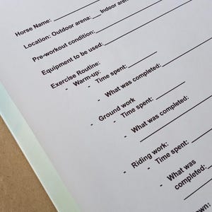 May include: A white clipboard with a gold clip and black handle. The clipboard has a form titled "Daily Horse Exercise Log" with fields for horse name, location, date, trainer, pre-workout condition, equipment used, exercise routine, warm-up, ground work, riding work, and cool down.