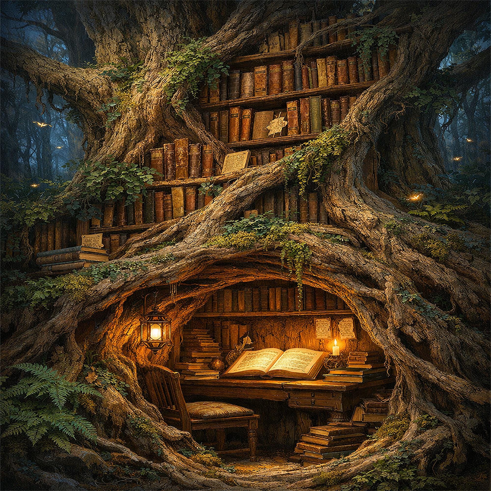 Forest Library Reading Corner Wall Art, Enchanted Tree Illustration ...