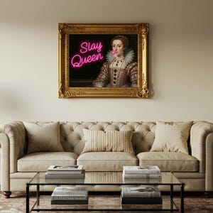 Slay Queen Art Print, Alter Art, Pink Bubblegum Print, Oil Painting, Dark Decor, Vintage Print, Moody Wall Art, Victorian Quote Print