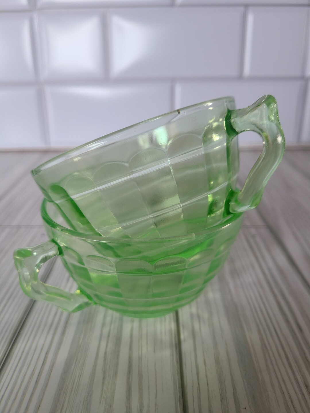 Block Optic Uranium Glass Tea Cups Set of 2, Uranium Glass Punch Cups, Vaseline Depression Glass