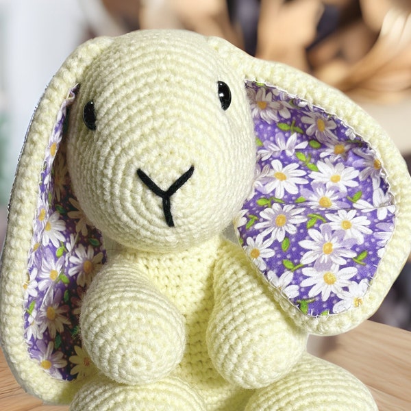 Charming Crochet Bunny Rabbit | Handmade Amigurumi with Colorful Fabric-Lined Ears | Perfect Gift for Kids and Collectors | OOAK Daisies