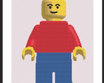 May include: Cross stitch pattern chart of a yellow Lego man wearing a red shirt and blue pants. The chart is 156 stitches wide and 197 stitches tall.
