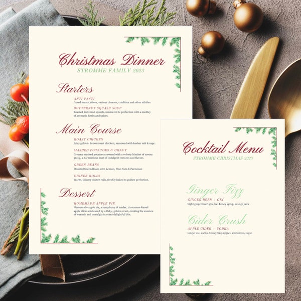 Wreath Christmas Dinner Menu Cocktail Place Cards Classy Template