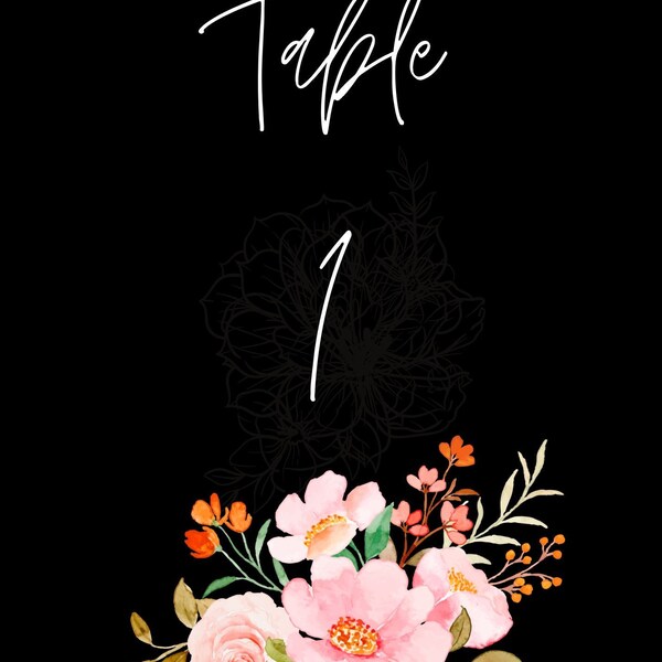 Black/Floral Wedding Table Numbers 1-40