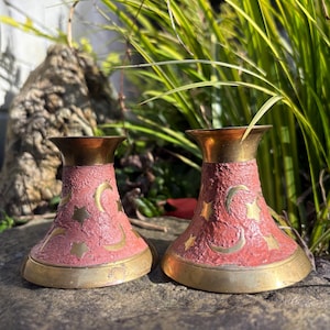 Brass Celestial Candle Holders: Hand-Painted Moon and Stars 90s whimsigoth