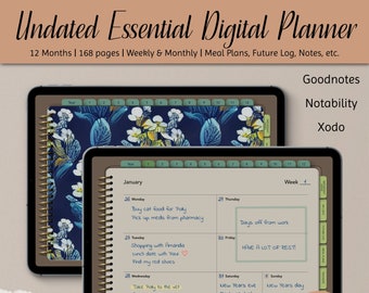 Undated Digital Planner | Goodnotes, Notability, Xodo Compatible (PDF) | Minimalist, Monthly, Weekly, Meal Plan