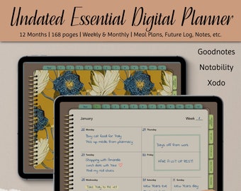 Undated Digital Planner | Goodnotes, Notability, Xodo (PDF) | Monthly, Weekly, Meal Plan