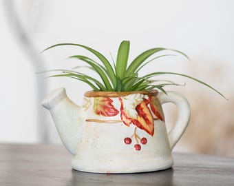 Decorative ceramic watering can – Autumn leaf pattern – Vintage (1990s–2000s)