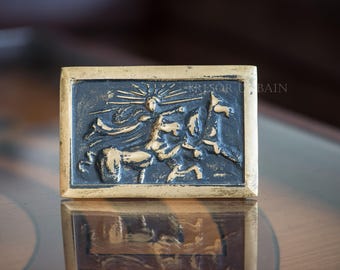 Black patinated bronze box with mythological motif – Solar chariot / Helios – Heavy vintage jewelry box – Antique decoration