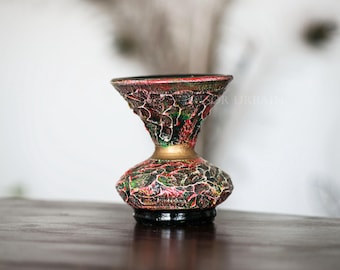 Vintage handmade textured clay vase - multi-colored crackle effect - boho / ethnic decoration - 15 cm